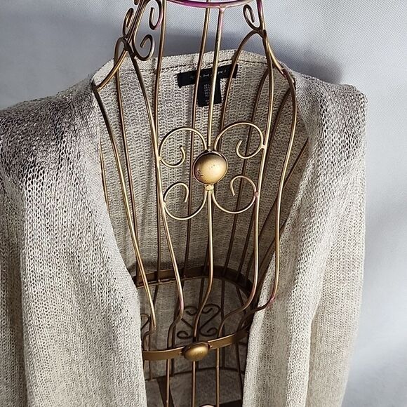 Woven Neutral Tan Long Open Cardigan Sweater Tahari Size L Minmalist Fisherman - Picture 4 of 9